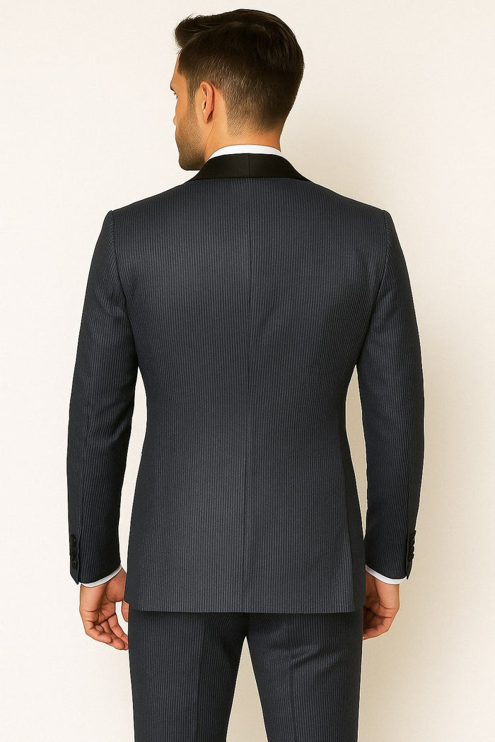 Mens Midnight Blue Stripe Tuxedo Jacket with Black Satin Shawl Lapel - Shiny Formal Party Suit by USA Men's Outlet