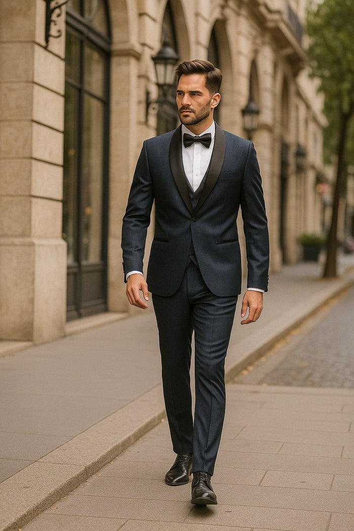Mens Midnight Blue Stripe Tuxedo Jacket with Black Satin Shawl Lapel - Shiny Formal Party Suit by USA Men's Outlet