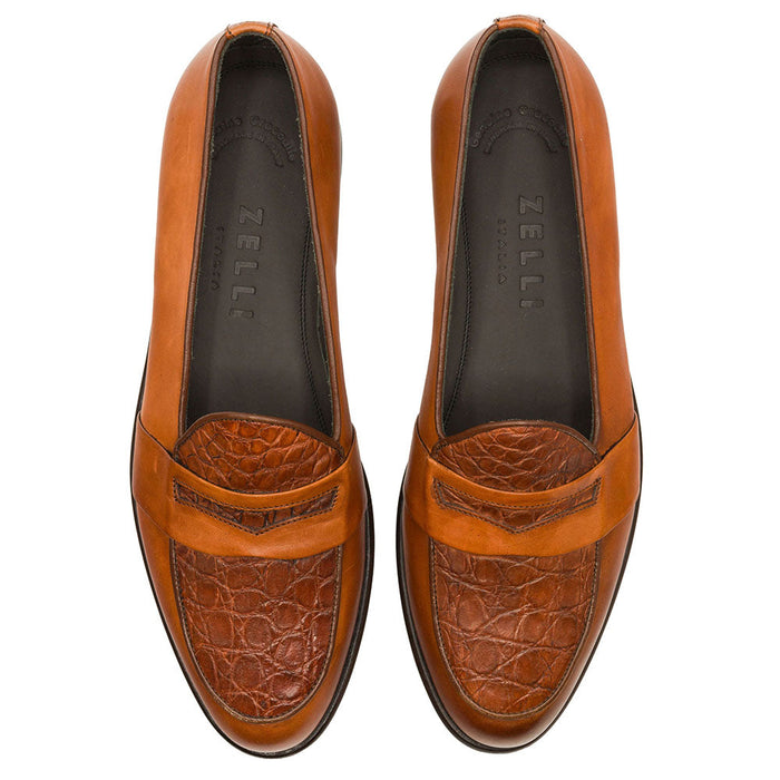 Zelli Milan Genuine Crocodile and Calfskin Loafer in Cognac