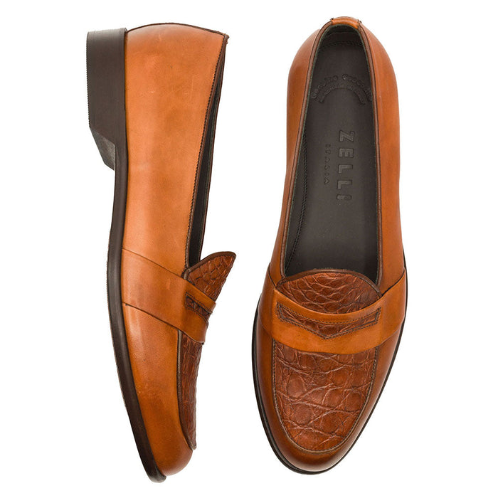 Zelli Milan Genuine Crocodile and Calfskin Loafer in Cognac