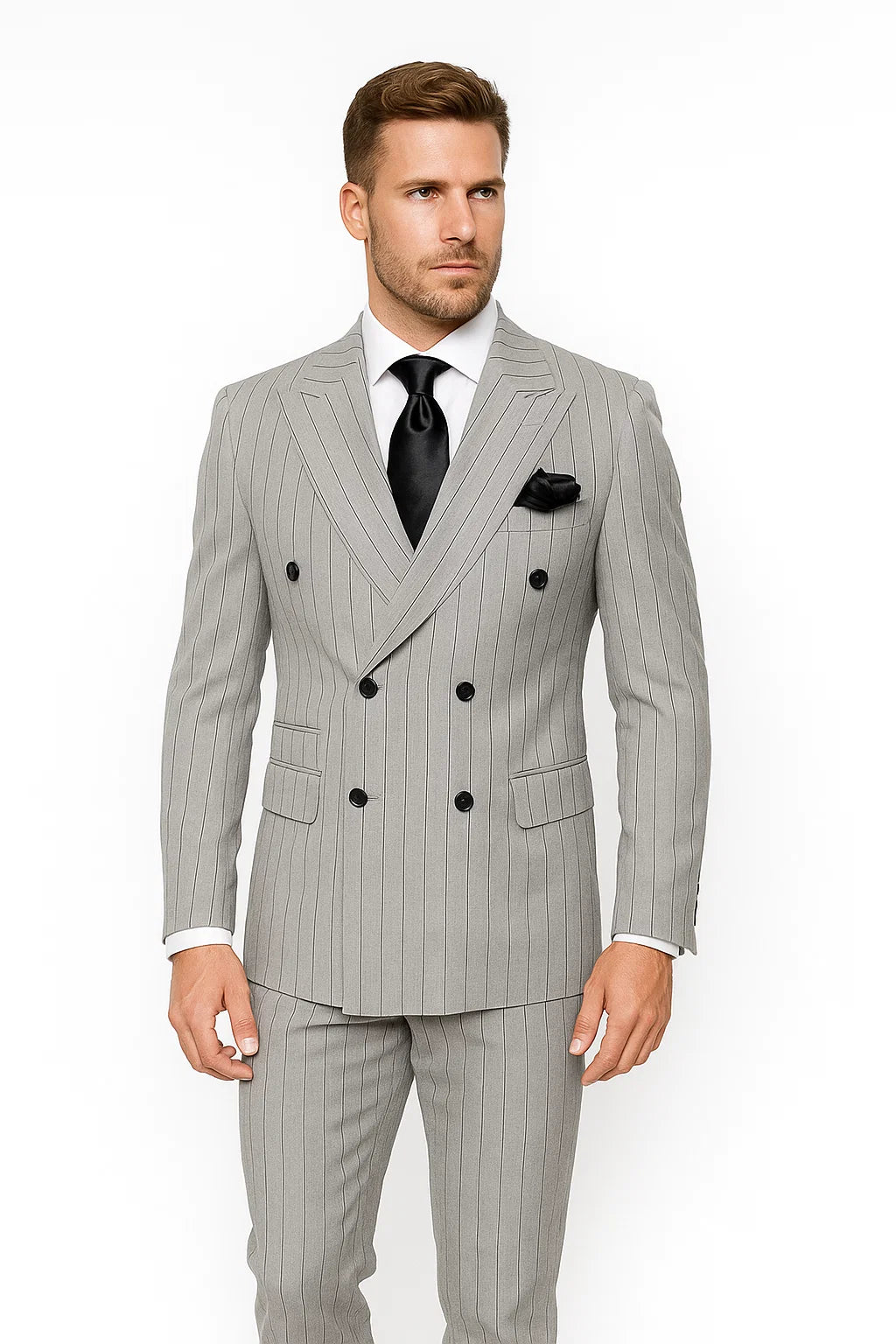 Gray and Black Pinstripe Double Breasted - Modern Fit 1920s Vintage Looking Suit – SuitUSA