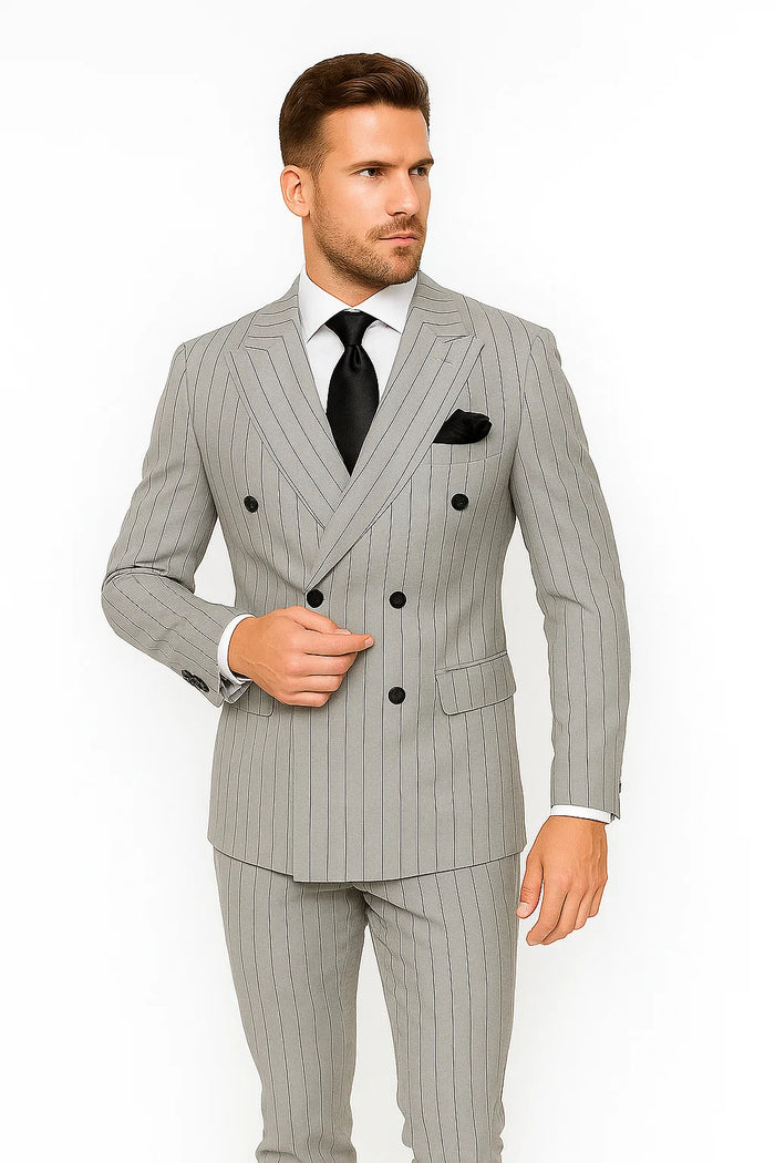 Gray and Black Pinstripe Double Breasted - Modern Fit 1920s Vintage Looking Suit by USA Men's Outlet