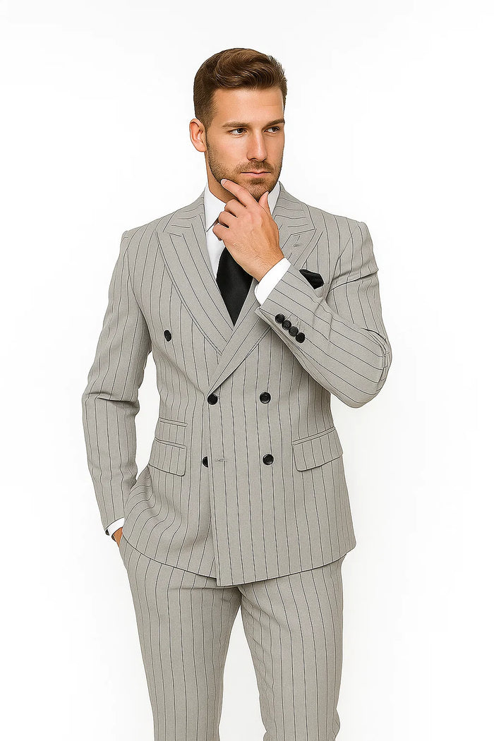 Gray and Black Pinstripe Double Breasted - Modern Fit 1920s Vintage Looking Suit by USA Men's Outlet
