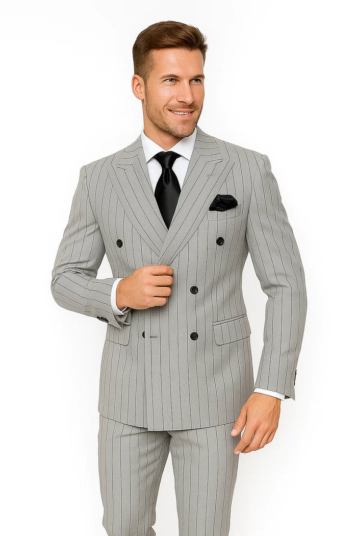 Gray and Black Pinstripe Double Breasted - Modern Fit 1920s Vintage Looking Suit by USA Men's Outlet