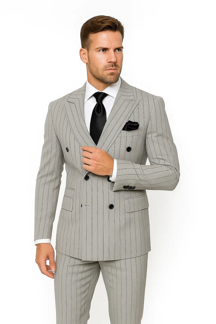 Gray and Black Pinstripe Double Breasted - Modern Fit 1920s Vintage Looking Suit by USA Men's Outlet