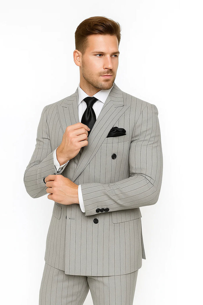 Gray and Black Pinstripe Double Breasted - Modern Fit 1920s Vintage Looking Suit by USA Men's Outlet