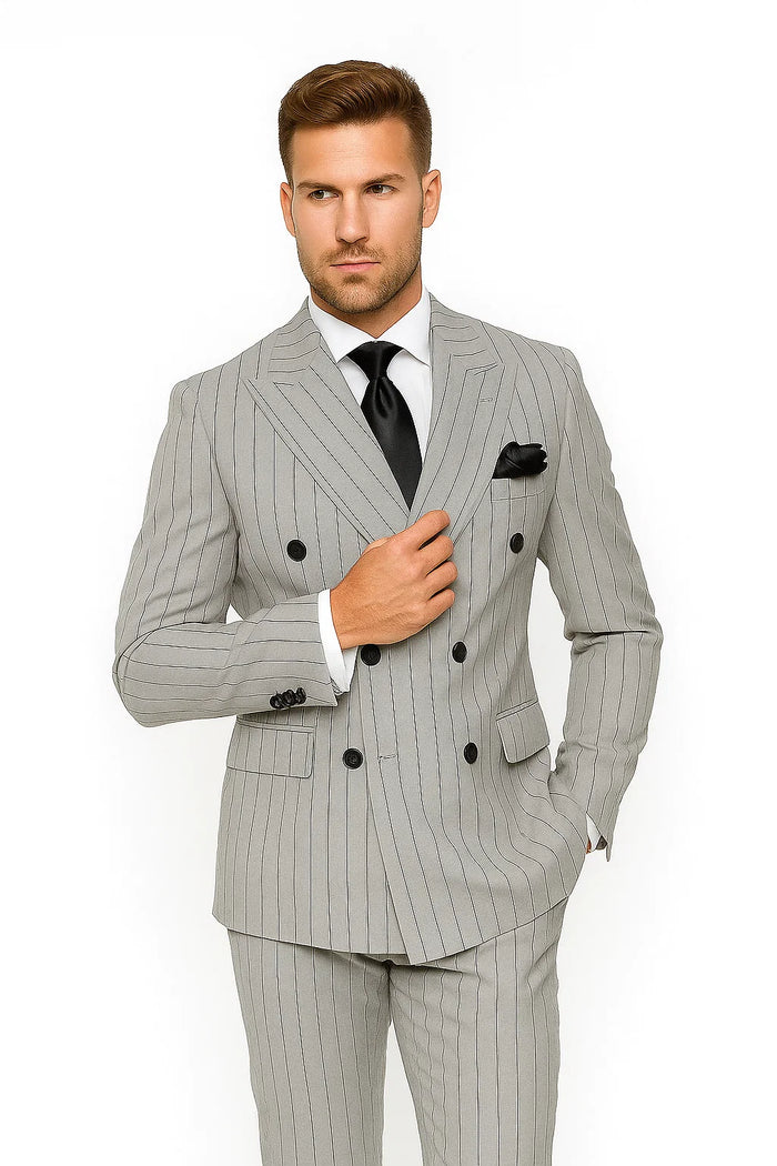 Gray and Black Pinstripe Double Breasted - Modern Fit 1920s Vintage Looking Suit by USA Men's Outlet