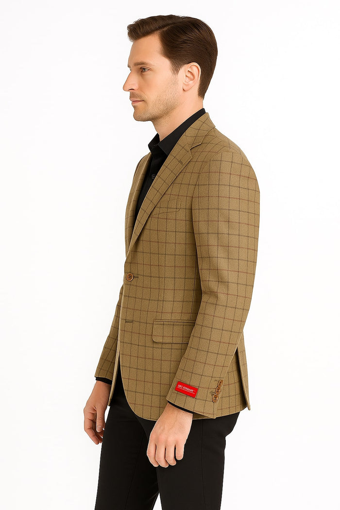 Men's Tan Plaid Blazer - Windowpane Checkered Taupe Colar with Conservative burgunsih Pattern Mix Perfect For Business by USA Men's Outlet