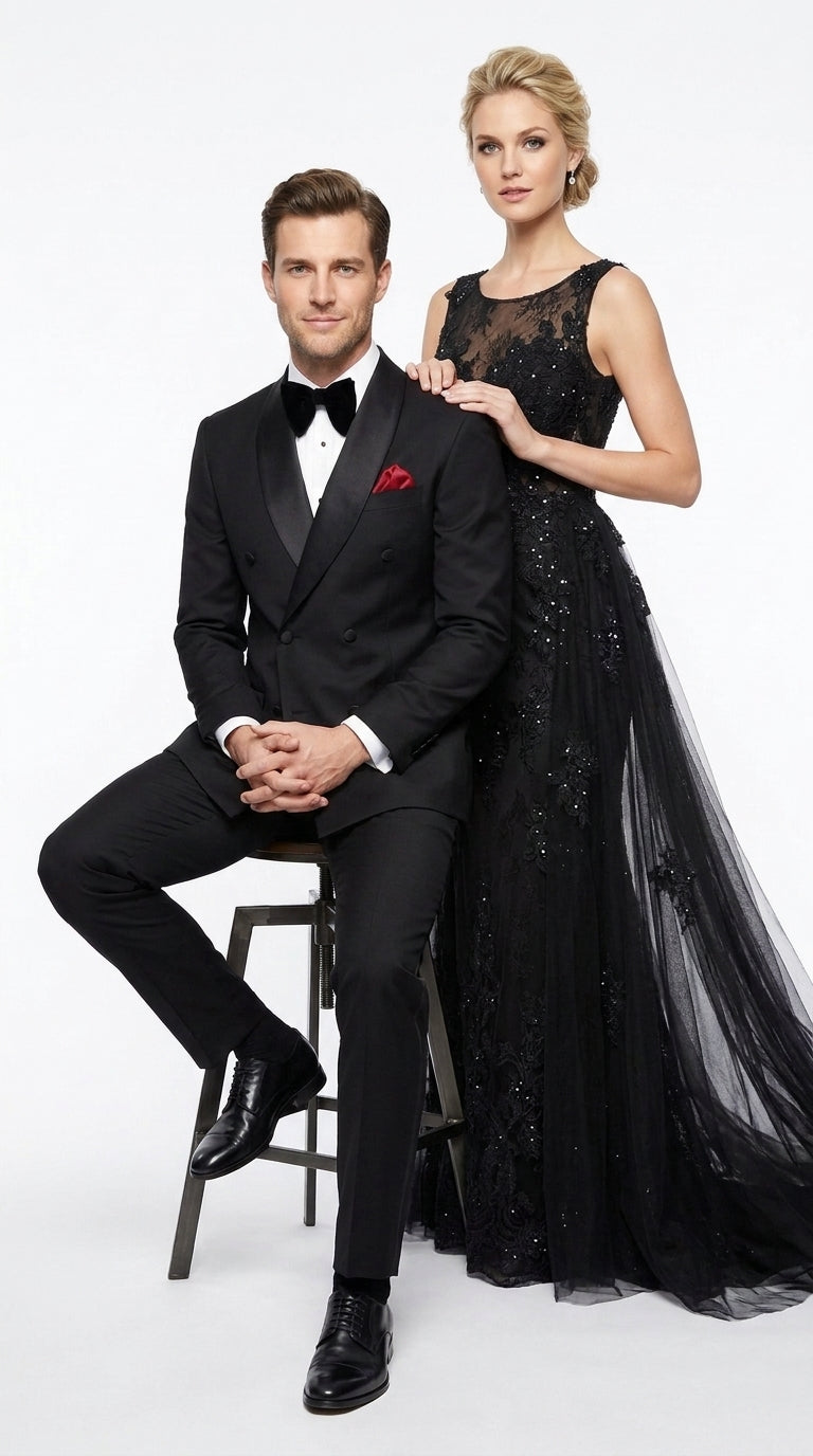 Men’s Black 6 Button Double Breasted Tuxedo, 2 Piece Formal Wedding Prom Suit