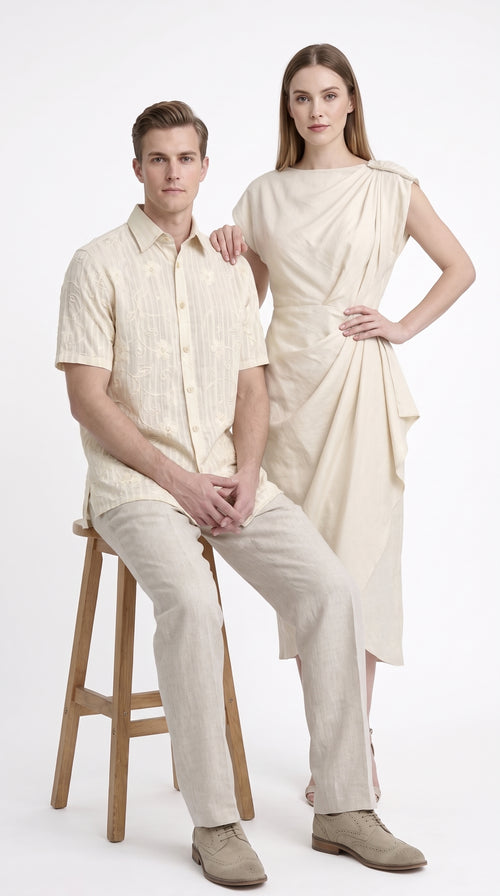 Men’s Cream Abstract Stripe Walking Suit Set, 2 Piece Short Sleeve Casual Shirt and Pants Outfit