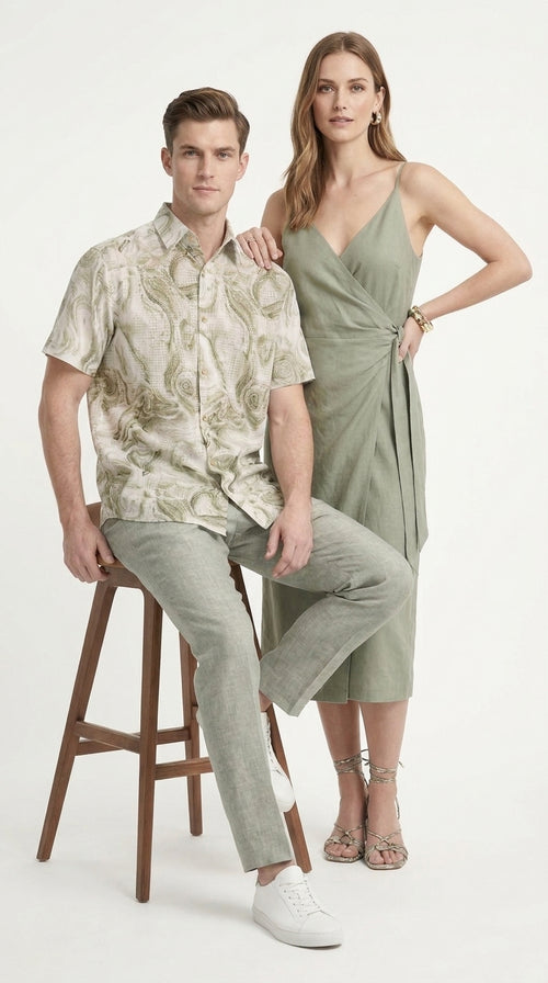 Men’s Sage Green Abstract Print Walking Suit Set, 2 Piece Short Sleeve Casual Shirt and Pants Outfit