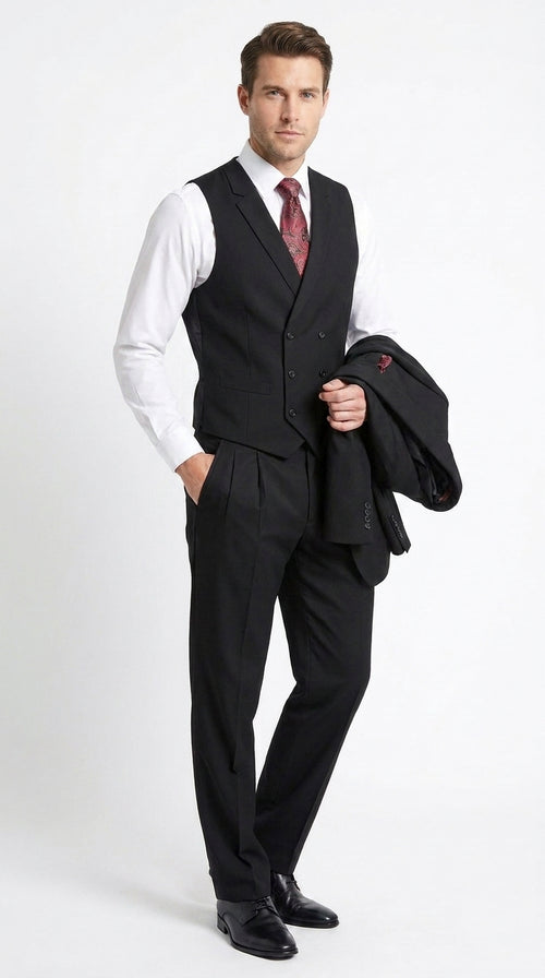 Men’s Black 2 Button Suit with Double Breasted Vest, Pleated Pant Formal Wedding Business Suit