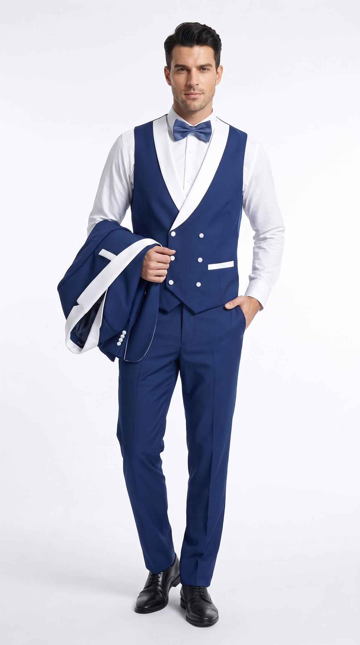 Men’s Royal Blue Tuxedo 3 Piece Suit with White Shawl Lapel – Double Breasted Vest Wedding & Prom Suit