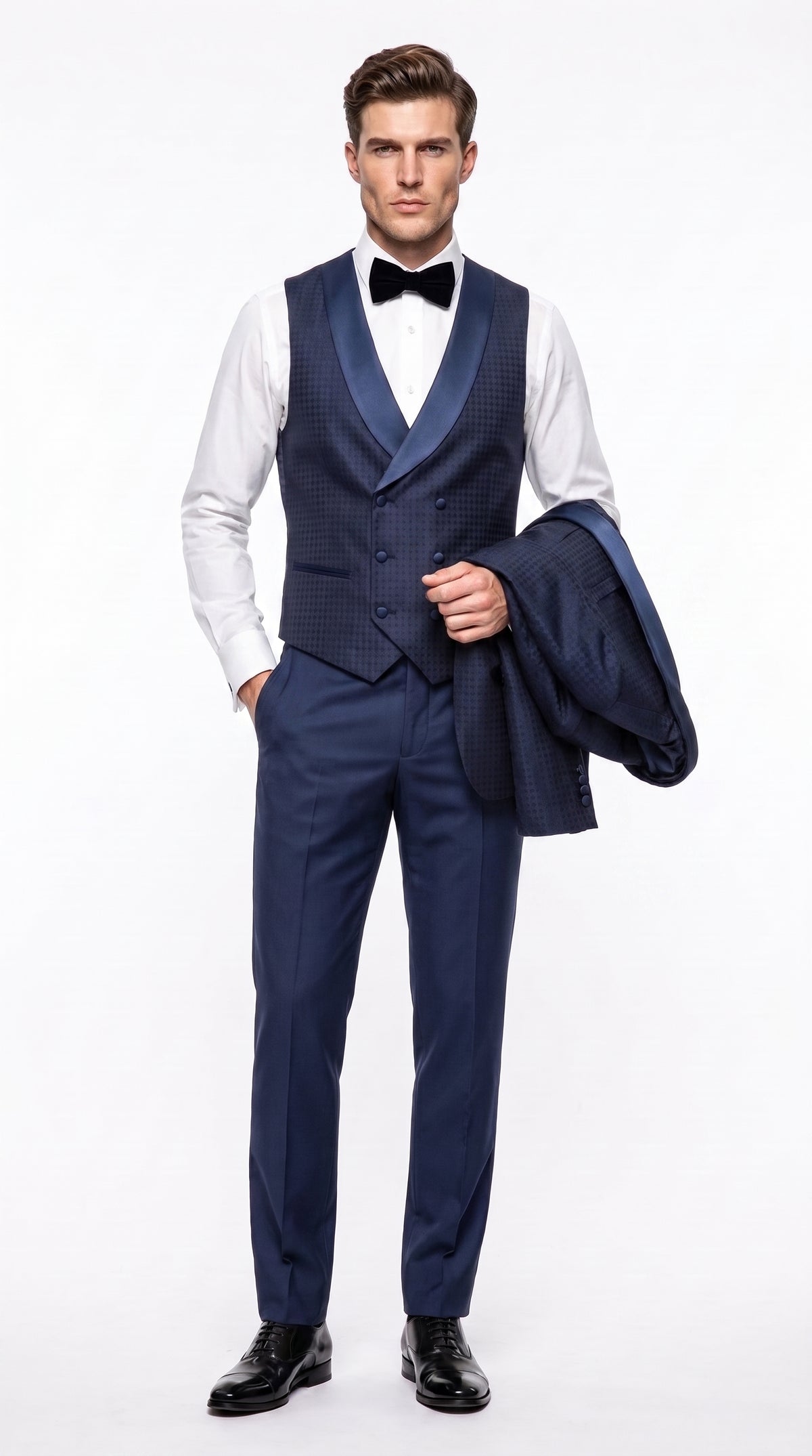 Men’s Navy Pinstripe Great Gatsby Tuxedo Suit, Shawl Collar Sateen Lapel Formal Wedding Prom Suit