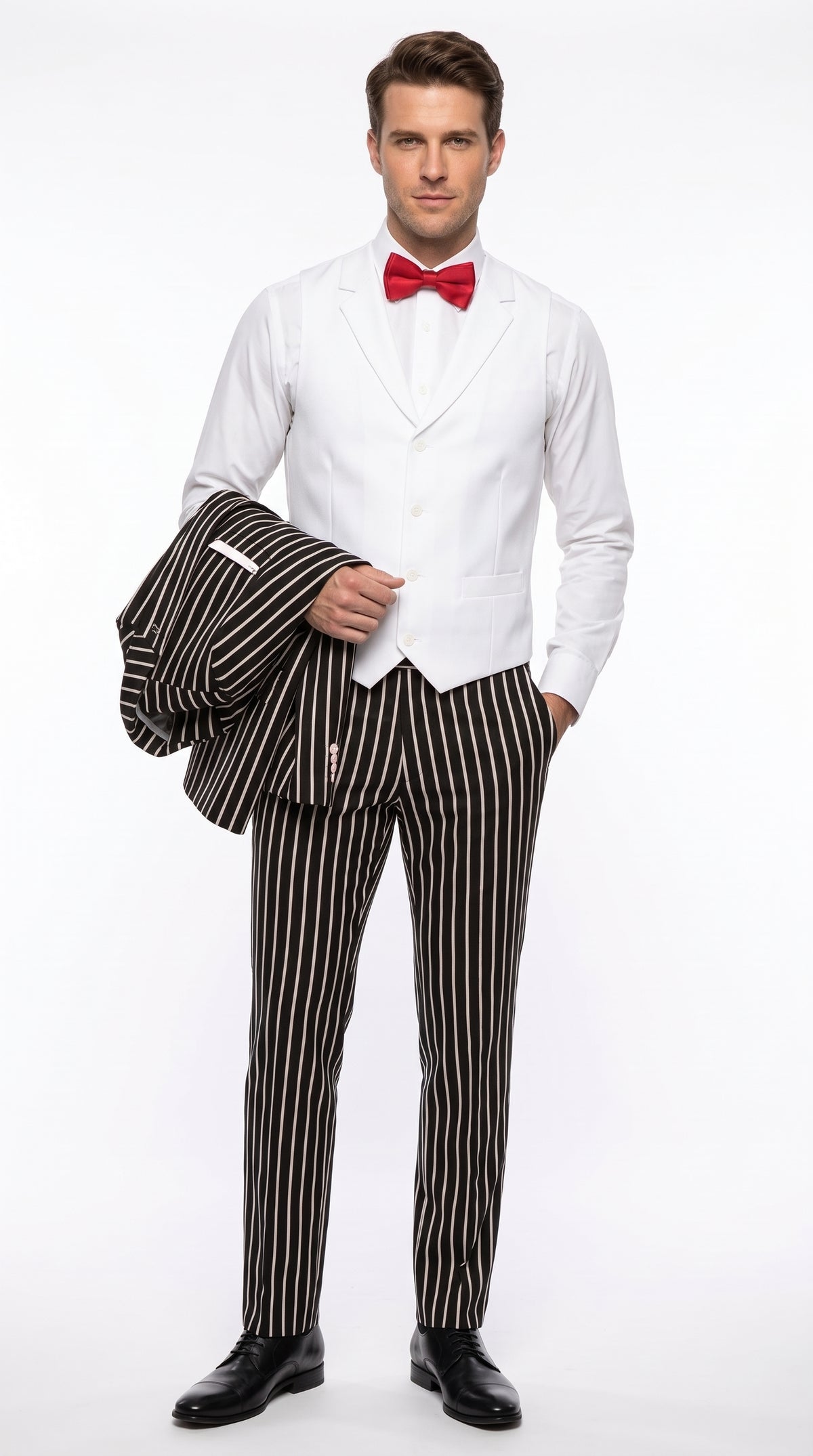 1920s Men’s Black Bold Pinstripe 3 Piece Gangster Suit – Vested Vintage Wedding & Formal Suit