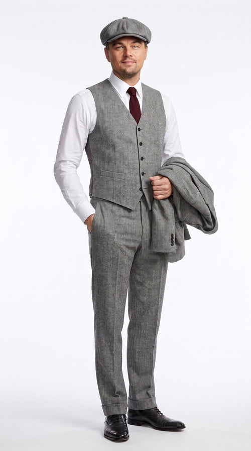 Peaky Blinders Men’s Gray Tweed 3 Piece Suit – Vintage 1920s Wedding Vested Suit