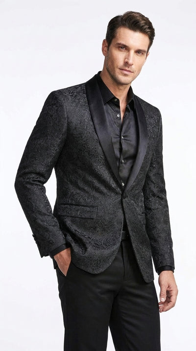 Tazzio Men’s Black Tonal Paisley Tuxedo Jacket, Slim Fit Wedding Prom Formal Dinner Blazer