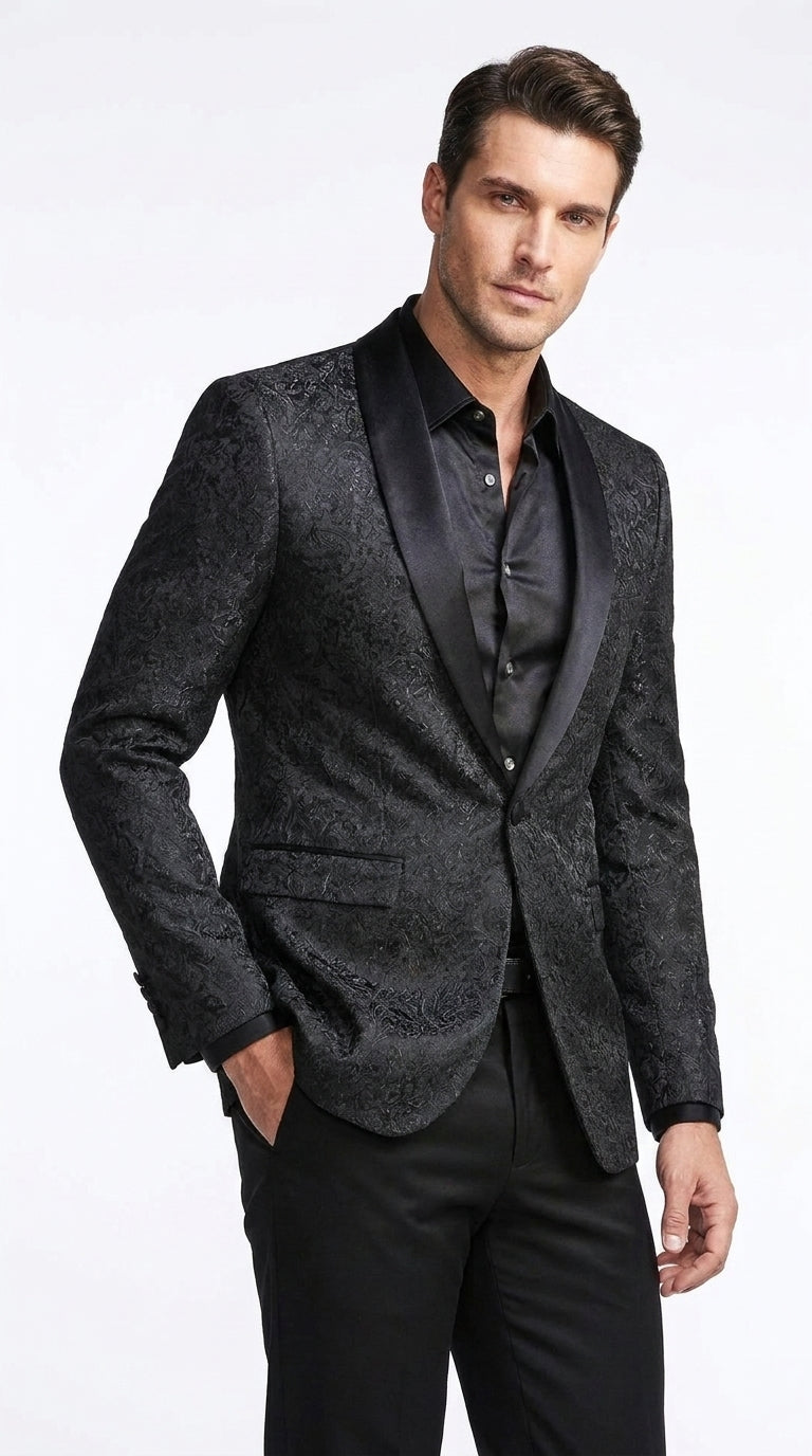 Tazzio Men’s Black Tonal Paisley Tuxedo Jacket, Slim Fit Wedding Prom Formal Dinner Blazer