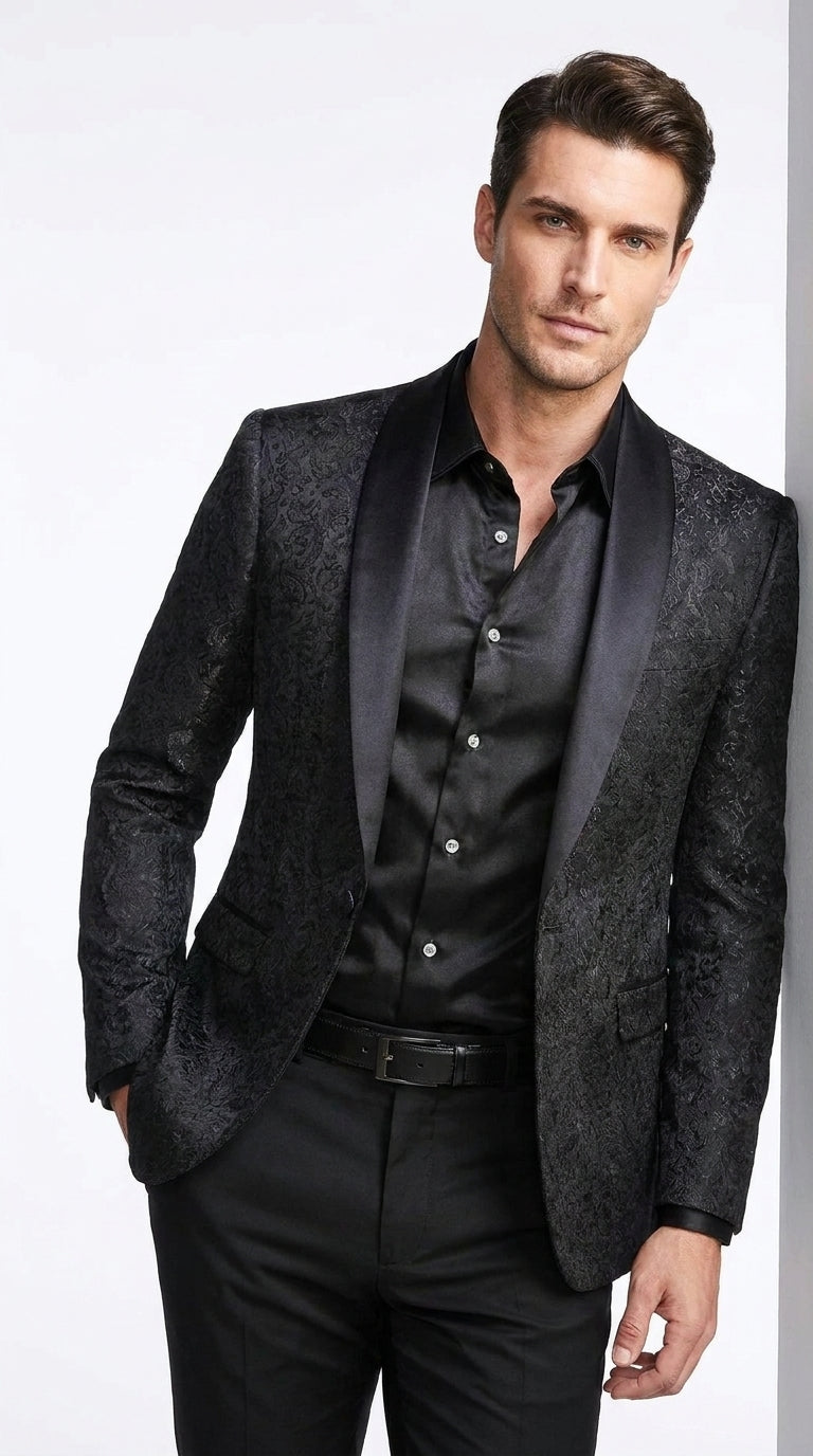 Tazzio Men’s Black Tonal Paisley Tuxedo Jacket, Slim Fit Wedding Prom Formal Dinner Blazer