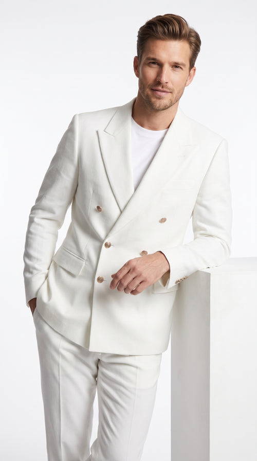Men’s White Double Breasted Blazer, 6 Button Peak Lapel Formal Sport Coat for Weddings, Prom and Special Events