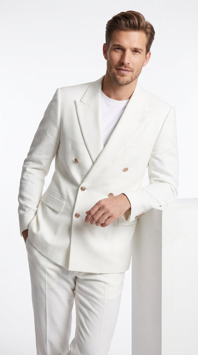 Men’s White Double Breasted Blazer, 6 Button Peak Lapel Formal Sport Coat for Weddings, Prom and Special Events
