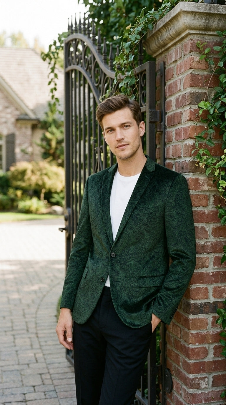 Men’s Olive Green Paisley Velvet Blazer, Formal Jacquard Sport Coat for Weddings, Prom and Parties