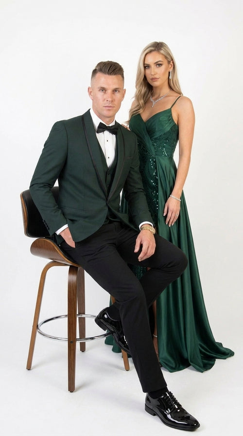 Men’s Hunter Green Shawl Lapel Tuxedo with Satin Trim, Formal Wedding Prom Dinner Suit