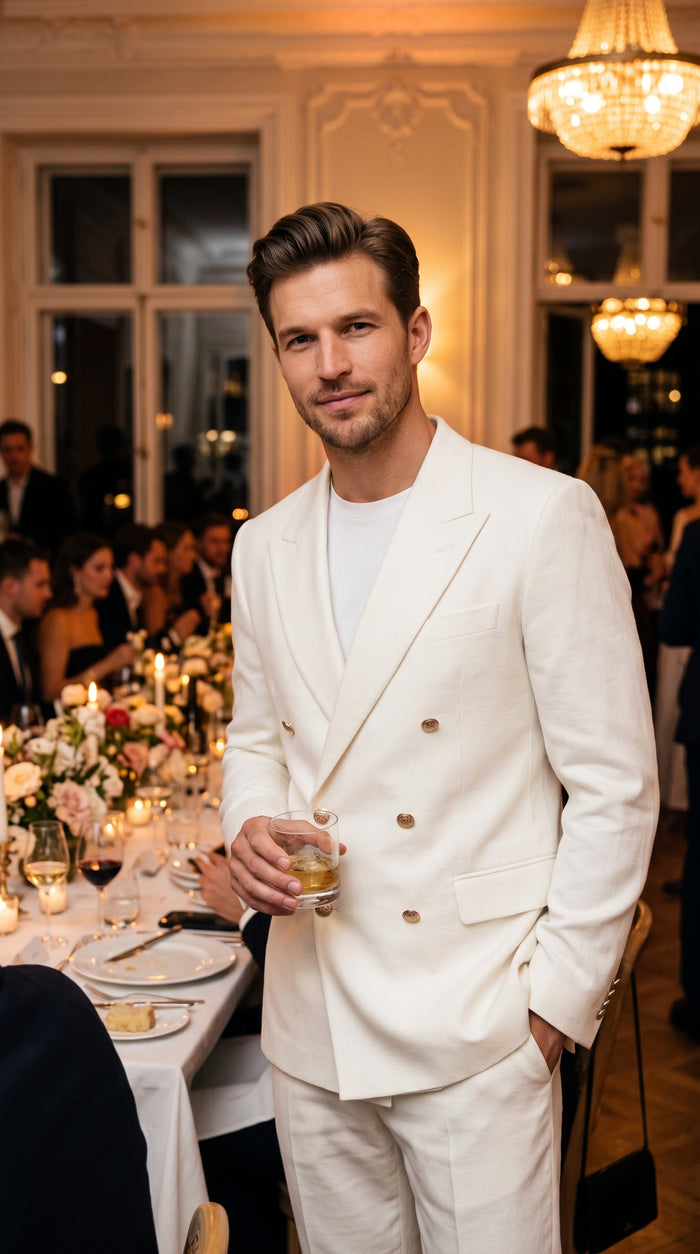Men’s White Double Breasted Blazer, 6 Button Peak Lapel Formal Sport Coat for Weddings, Prom and Special Events
