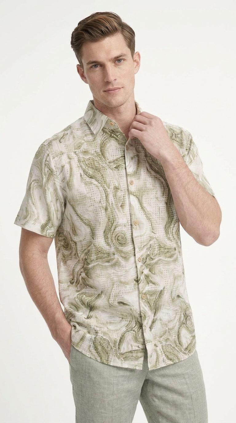 Men’s Sage Green Abstract Print Walking Suit Set, 2 Piece Short Sleeve Casual Shirt and Pants Outfit