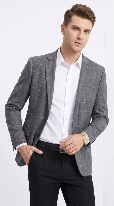 Tazio Men’s Charcoal Grey Plaid Sport Coat, 2 Button Windowpane Formal Blazer