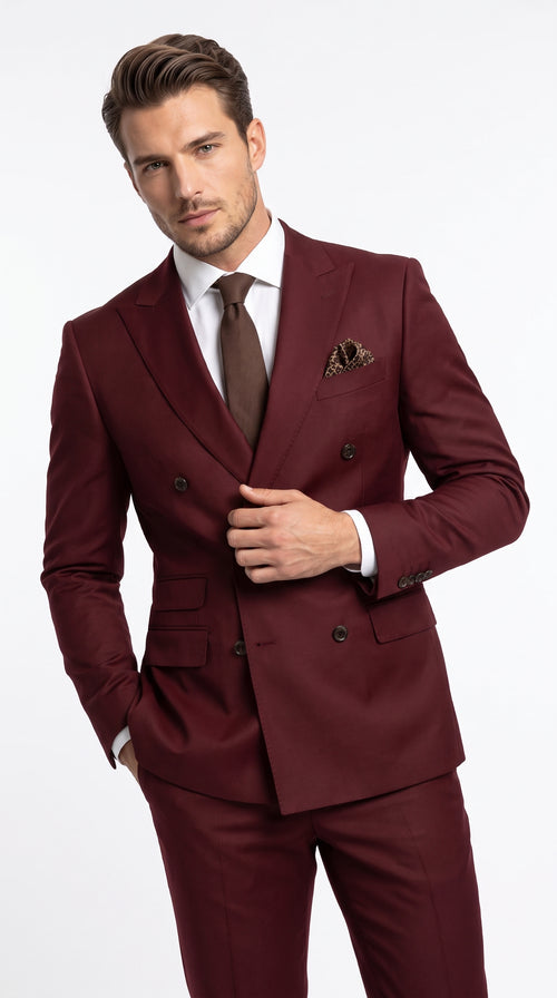 Men’s Burgundy Double Breasted Suit – Modern Fit Wedding, Prom & Formal Suit with Tapered Pants