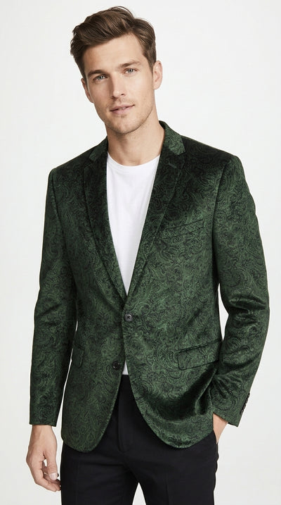 Men’s Olive Green Paisley Velvet Blazer, Formal Jacquard Sport Coat for Weddings, Prom and Parties
