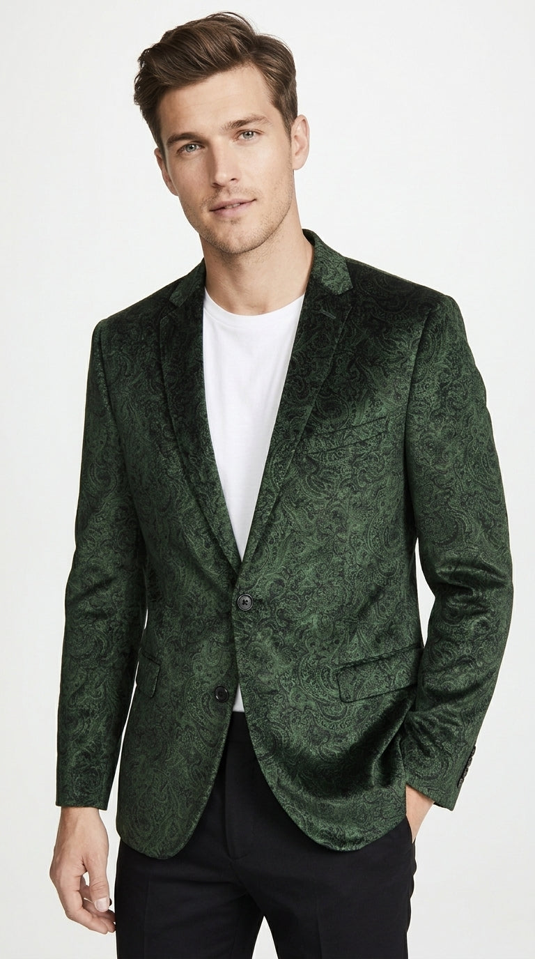 Men’s Olive Green Paisley Velvet Blazer, Formal Jacquard Sport Coat for Weddings, Prom and Parties
