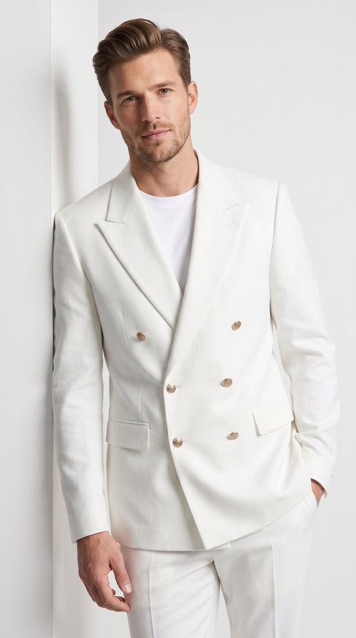 Men’s White Double Breasted Blazer, 6 Button Peak Lapel Formal Sport Coat for Weddings, Prom and Special Events