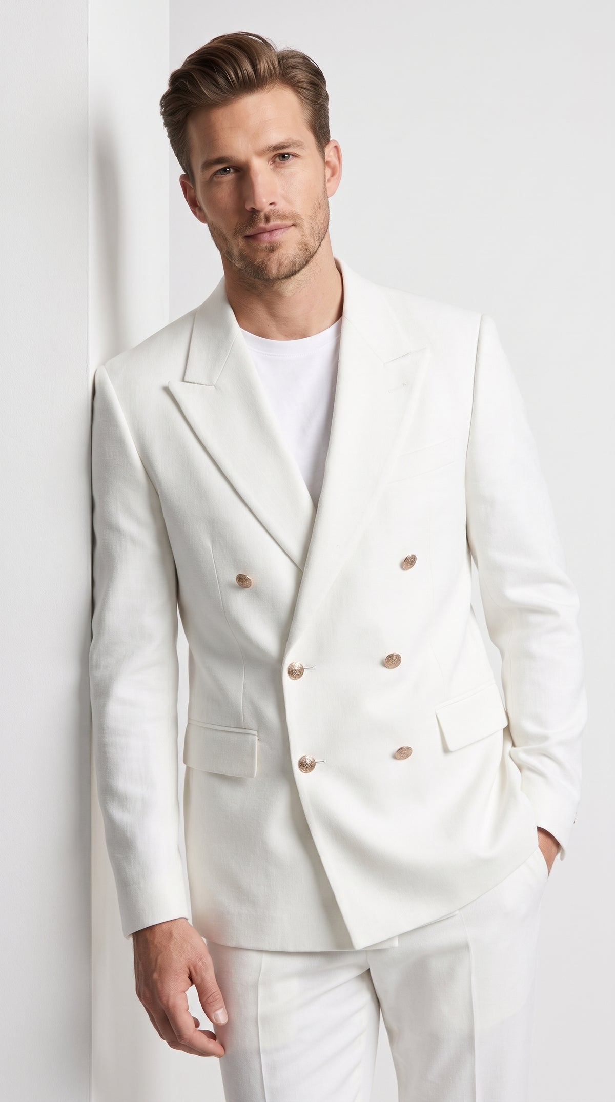 Men’s White Double Breasted Blazer, 6 Button Peak Lapel Formal Sport Coat for Weddings, Prom and Special Events