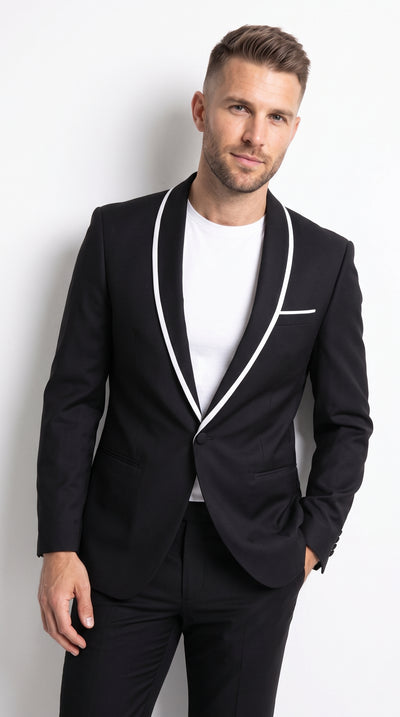 Men’s Black Shawl Lapel Dinner Jacket, 1 Button Formal Blazer with White Contrast Trim for Weddings and Prom