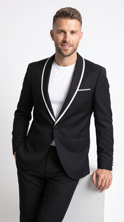 Men’s Black Shawl Lapel Dinner Jacket, 1 Button Formal Blazer with White Contrast Trim for Weddings and Prom