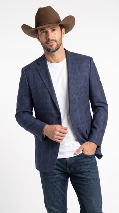 Men’s Blue Windowpane Plaid Western Sport Coat, Classic Fit 2 Button Wool Linen Blazer