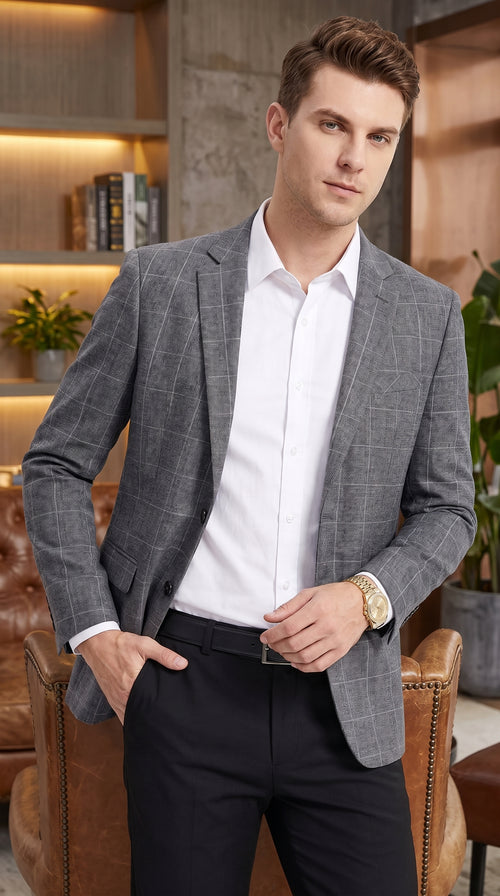 Tazio Men’s Charcoal Grey Plaid Sport Coat, 2 Button Windowpane Formal Blazer