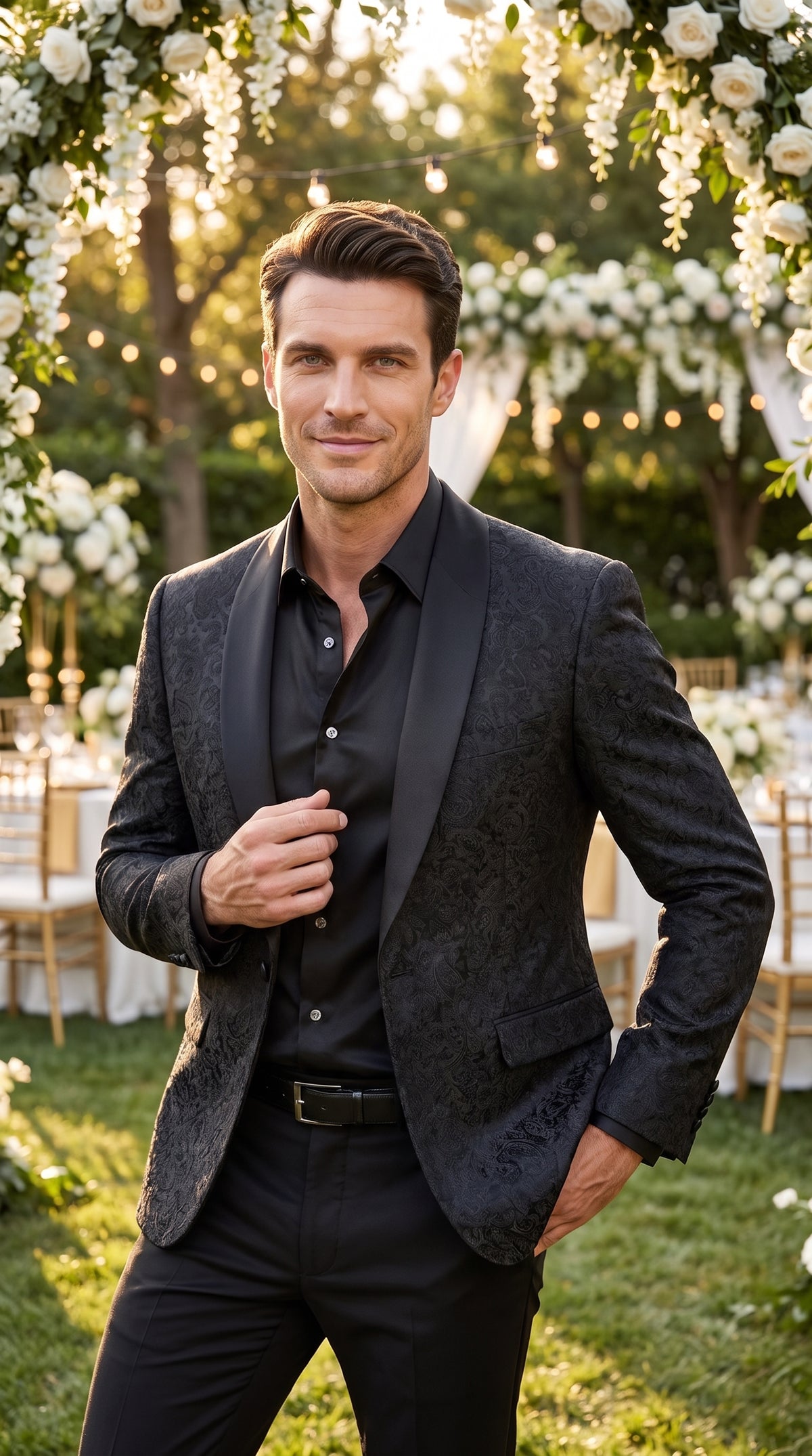 Tazzio Men’s Black Tonal Paisley Tuxedo Jacket, Slim Fit Wedding Prom Formal Dinner Blazer