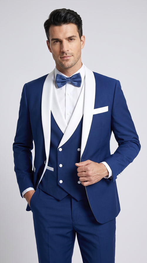 Men’s Royal Blue Tuxedo 3 Piece Suit with White Shawl Lapel – Double Breasted Vest Wedding & Prom Suit