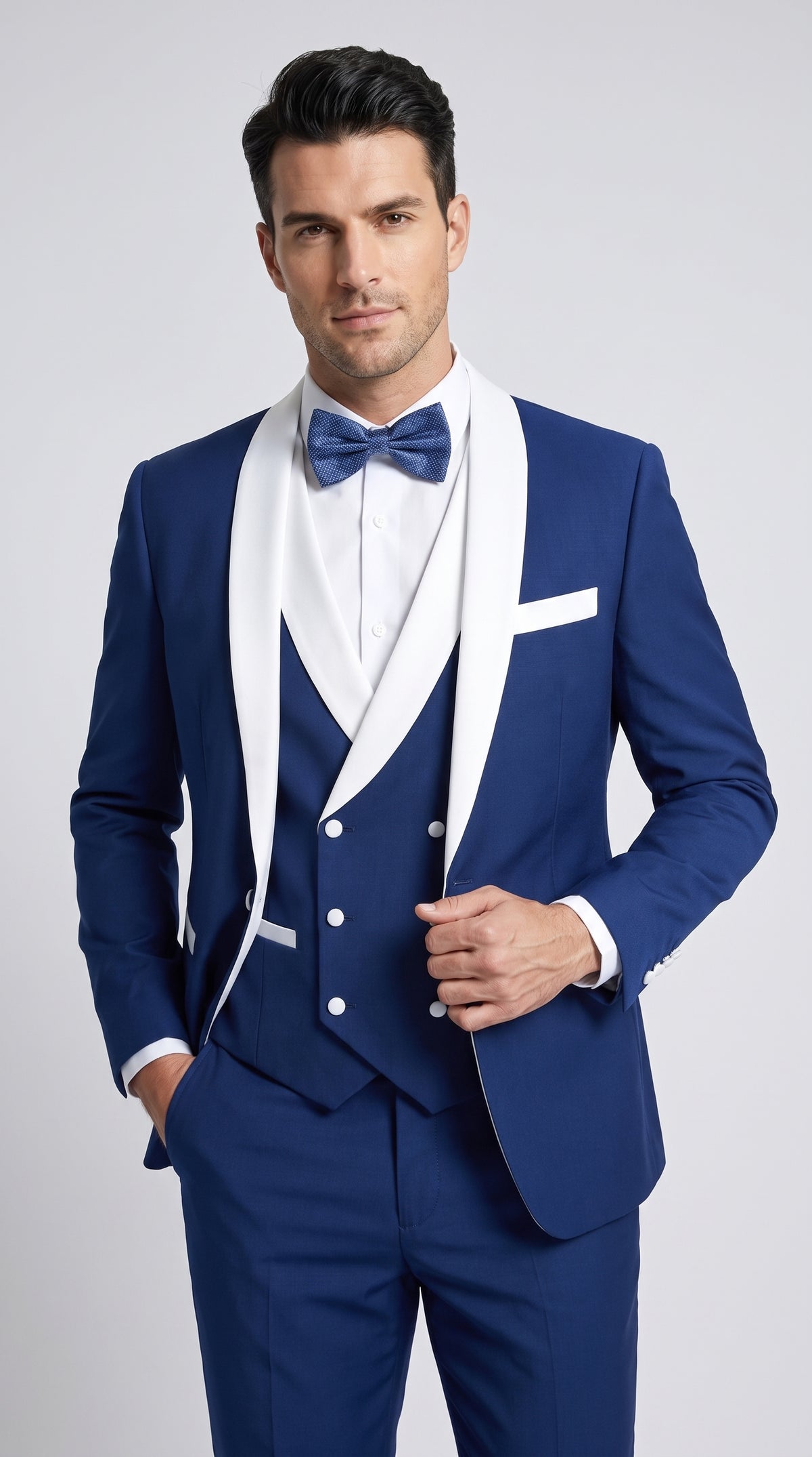 Men’s Royal Blue Tuxedo 3 Piece Suit with White Shawl Lapel – Double Breasted Vest Wedding & Prom Suit
