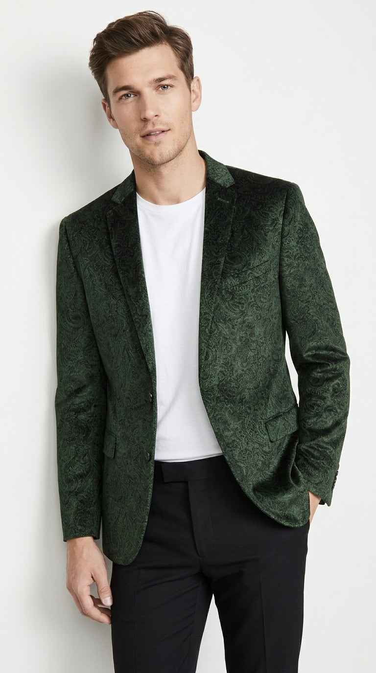 Men’s Olive Green Paisley Velvet Blazer, Formal Jacquard Sport Coat for Weddings, Prom and Parties