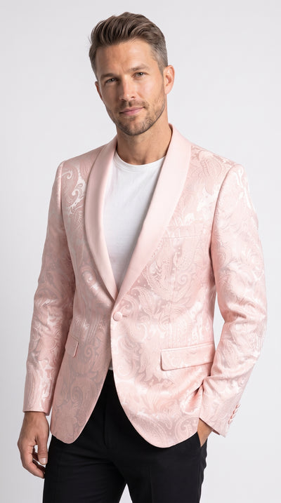 Men’s Light Pink Paisley Blazer, Blush Pink Prom Tuxedo Dinner Jacket with Satin Shawl Lapel