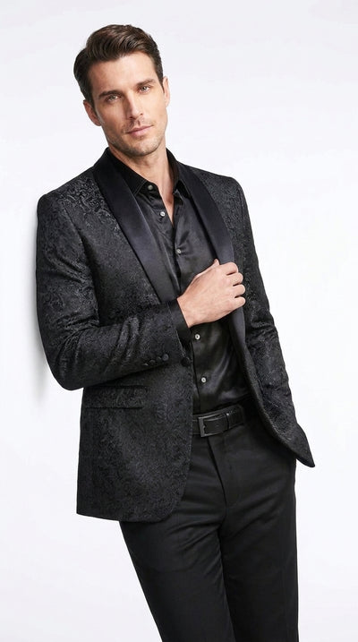 Tazzio Men’s Black Tonal Paisley Tuxedo Jacket, Slim Fit Wedding Prom Formal Dinner Blazer