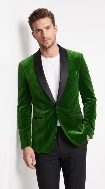 Men’s Hunter Green Velvet Tuxedo Jacket, Designer Formal Dinner Blazer with Black Satin Shawl Lapel