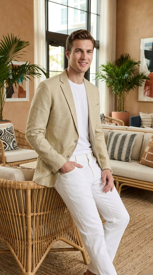 Men’s Natural Beige Linen Blazer – Lightweight Two-Button Wedding, Business and Summer Sport Coat