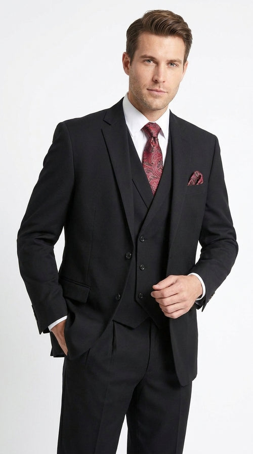 Men’s Black 2 Button Suit with Double Breasted Vest, Pleated Pant Formal Wedding Business Suit