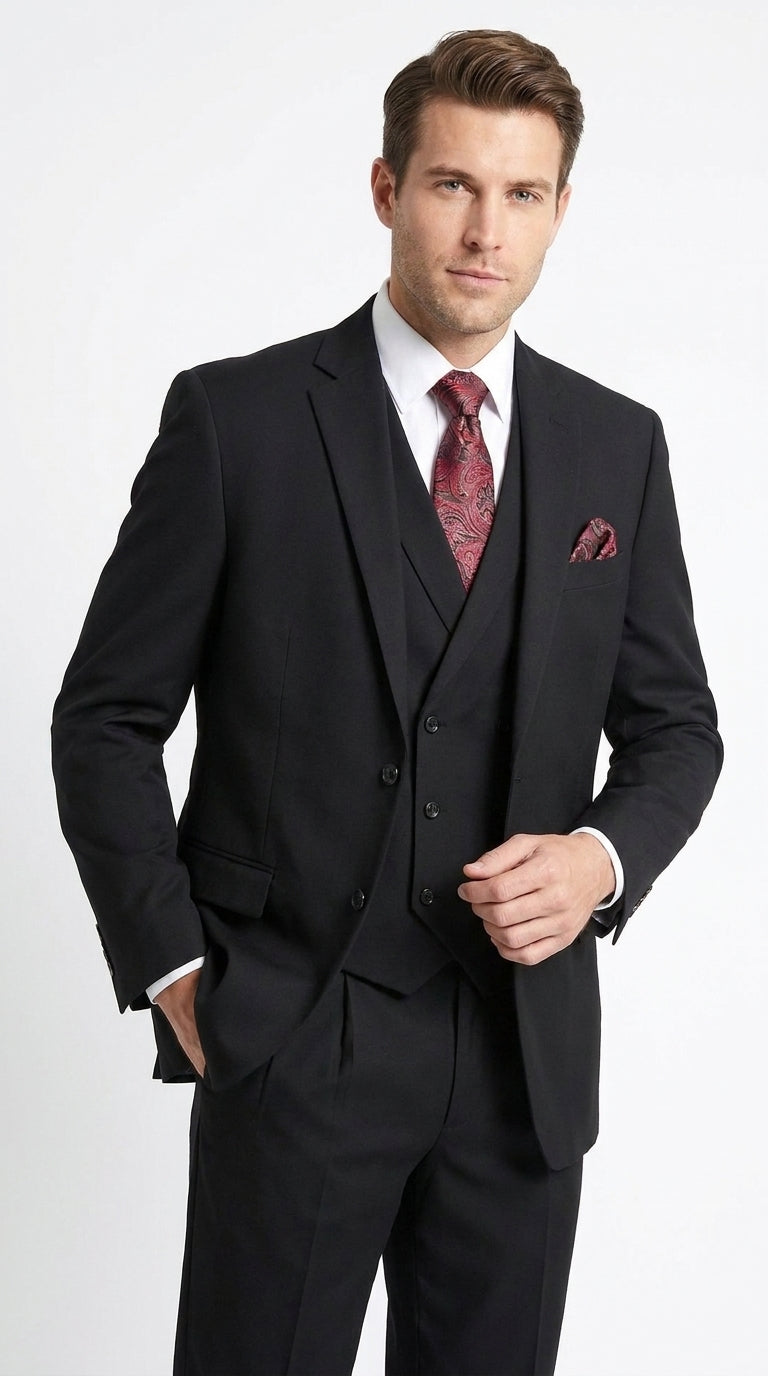 Men’s Black 2 Button Suit with Double Breasted Vest, Pleated Pant Formal Wedding Business Suit