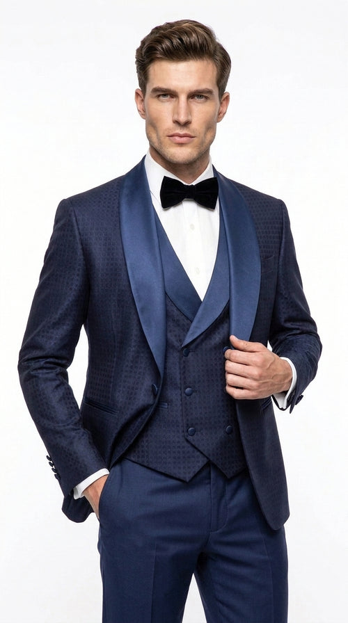 Men’s Navy Pinstripe Great Gatsby Tuxedo Suit, Shawl Collar Sateen Lapel Formal Wedding Prom Suit